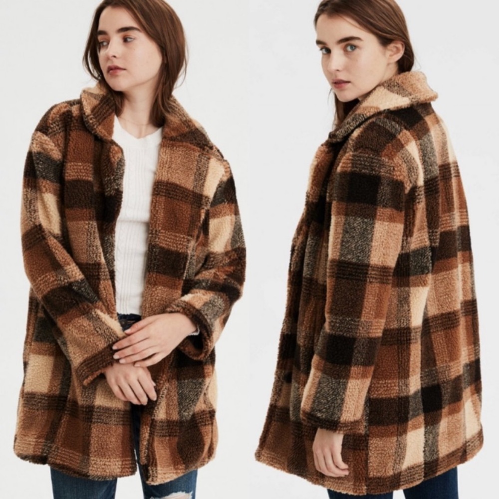 American Eagle Outfitters Plaid Teddy Jacket - Brown and Tan - Picture 2 of 5